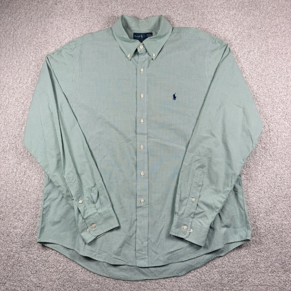 Ralph Lauren Button‎ Down Shirt Mens 17.5 36/37 Green Gingham Custom Fit - Picture 2 of 6